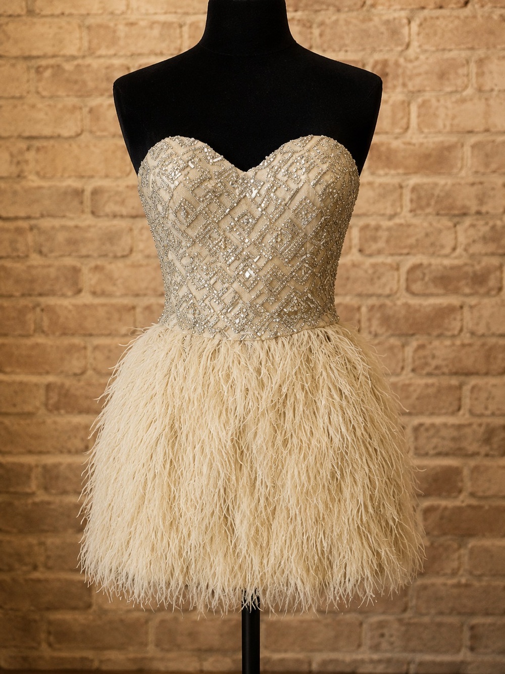 Source Unknown Blush Sequin Embellished Strapless Feather Mini Dress